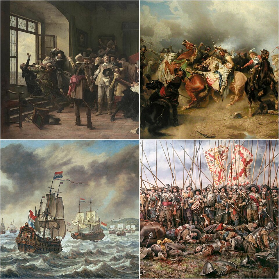 三十年戦争における戦闘と司令部の様子を象徴するコラージュ